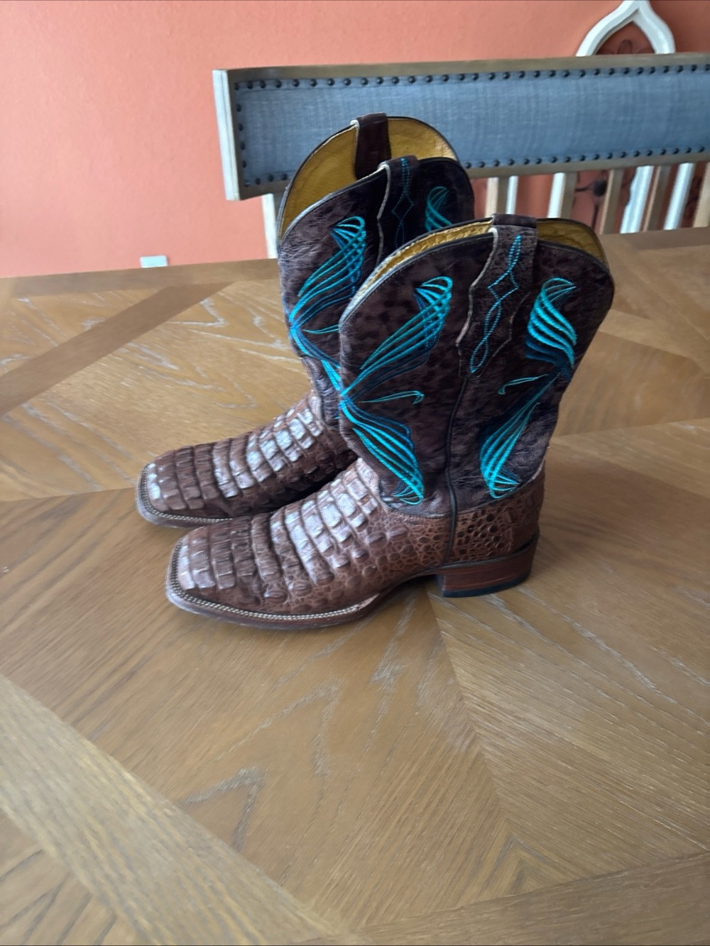 Brown Leather Faux Caiman Cowboy Boots with Teal Embroidery